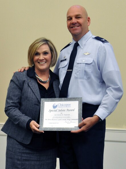 Col. Steven Vautrain, 439th Airlift Wing commander, was honored Wednesday, Sept. 21, by the Chicopee Chamber of Commerce during the group's monthly breakfast. Col. Vautrain was welcomed by Chamber members as the new wing commander and received the "Special Salute Award" from the group. Col. Vautrain thanked the Chamber members for the warm welcome and show of support. (U.S. Air Force photo/2nd Lt. Andre Bowser)