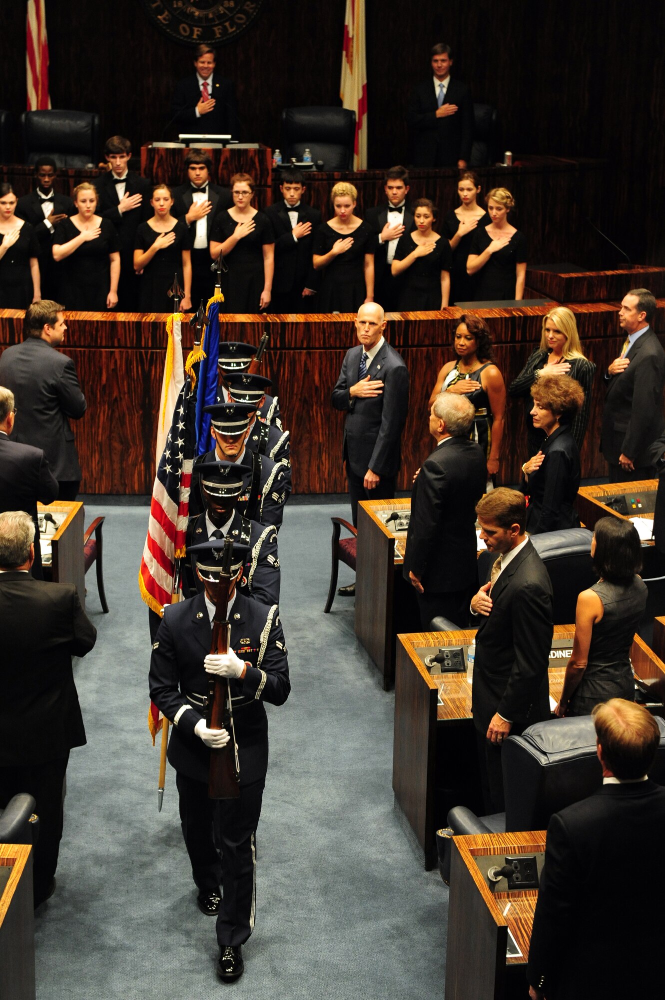 The Hurlburt Field Honor Guard presents "the colors" during a ceremony at the Florida State Capitol building in Tallahassee, Fla., Sept. 19, 2011. Governor Rick Scott and Lt. Gov. Jennifer Caroll  were in attendance of this event. (U.S. Air Force photo/ Airman 1st Class Caitlin O'Neil-McKeown) (RELEASED)
