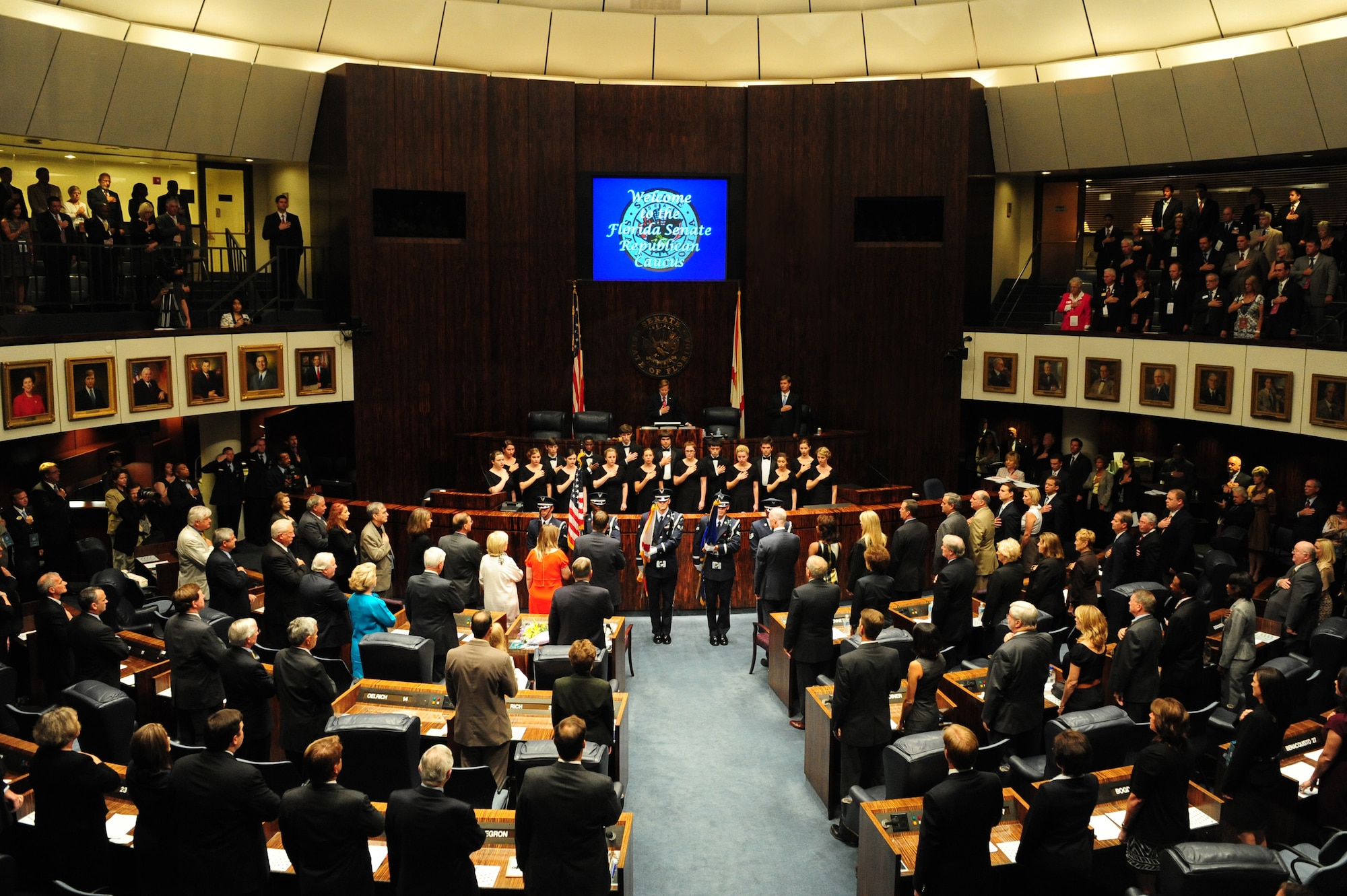 The Hurlburt Field Honor Guard presents "the colors" during a ceremony at the Florida Capitol building in Tallahassee, Fla., Sept. 19, 2011. State senator Don Gaetz's nomination for senate president-designate for the 2012-2014 term was announced at the ceremony. (U.S. Air Force photo/ Airman 1st Class Caitlin O'Neil-McKeown) (RELEASED)