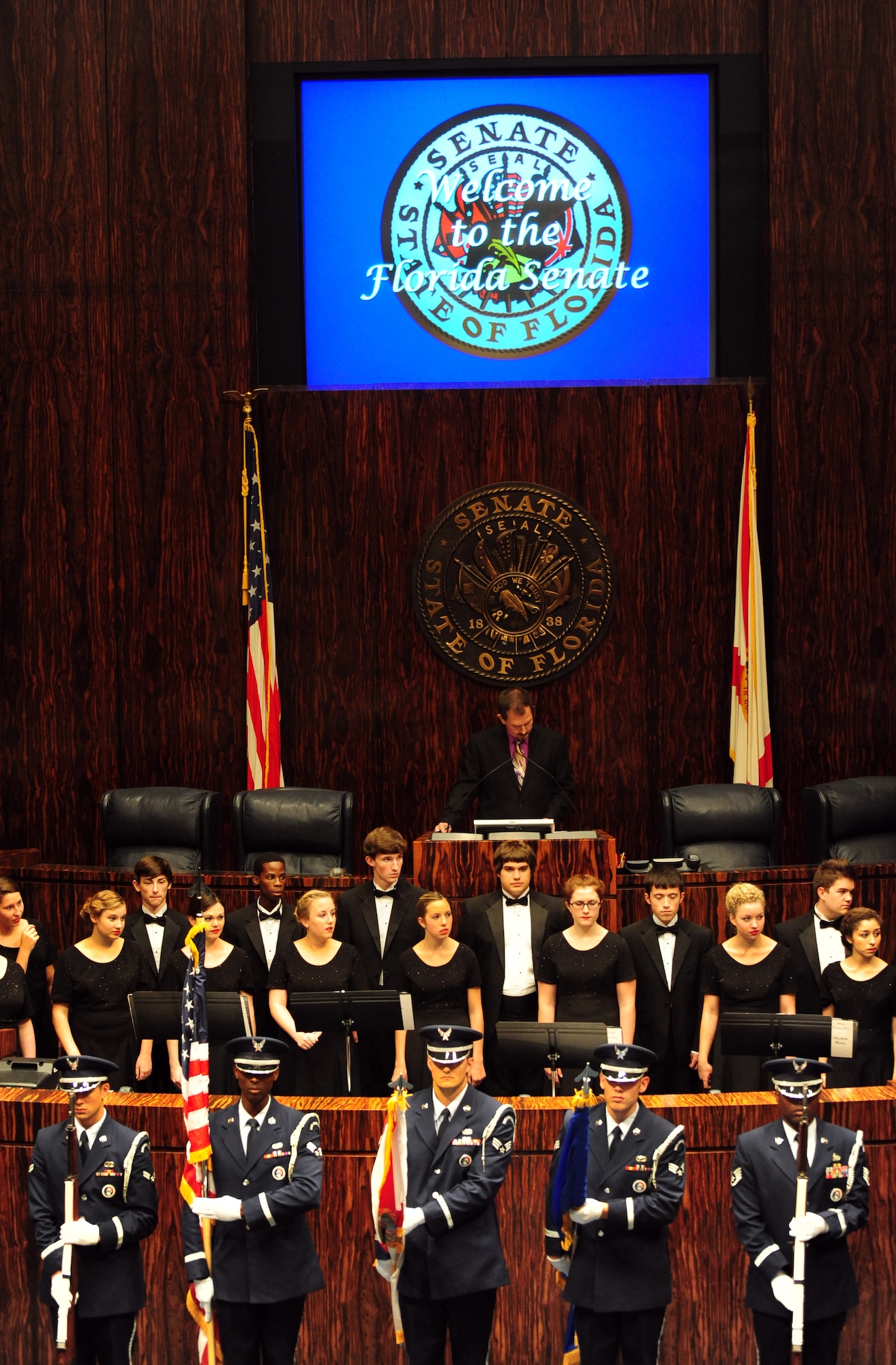 The Hurlburt Field Honor Guard presents "the colors" during a ceremony at the Florida State Capitol building in Tallahassee, Fla., Sept. 19, 2011. The Republican Caucus of the Florida Senate hosted the ceremony. (U.S. Air Force photo/ Airman 1st Class Caitlin O'Neil-McKeown) (RELEASED)