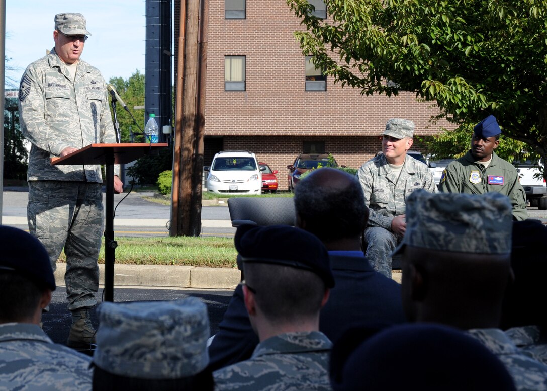 Chief Master Sgt. Pat Battenberg, Air Force District of Washington command chief, speaks to attendees of the POW/MIA Remembrance Day ceremony Sept. 16 at the Airmen Memorial Museum in Suitland, Md. The annual ceremony is hosted by the Air Force Sergeants’ Association chapter 102. POW/MIA Remembrance Day is the third Friday of September each year. (U.S. Air Force photo/ Airman 1st Class Bahja J. Jones)