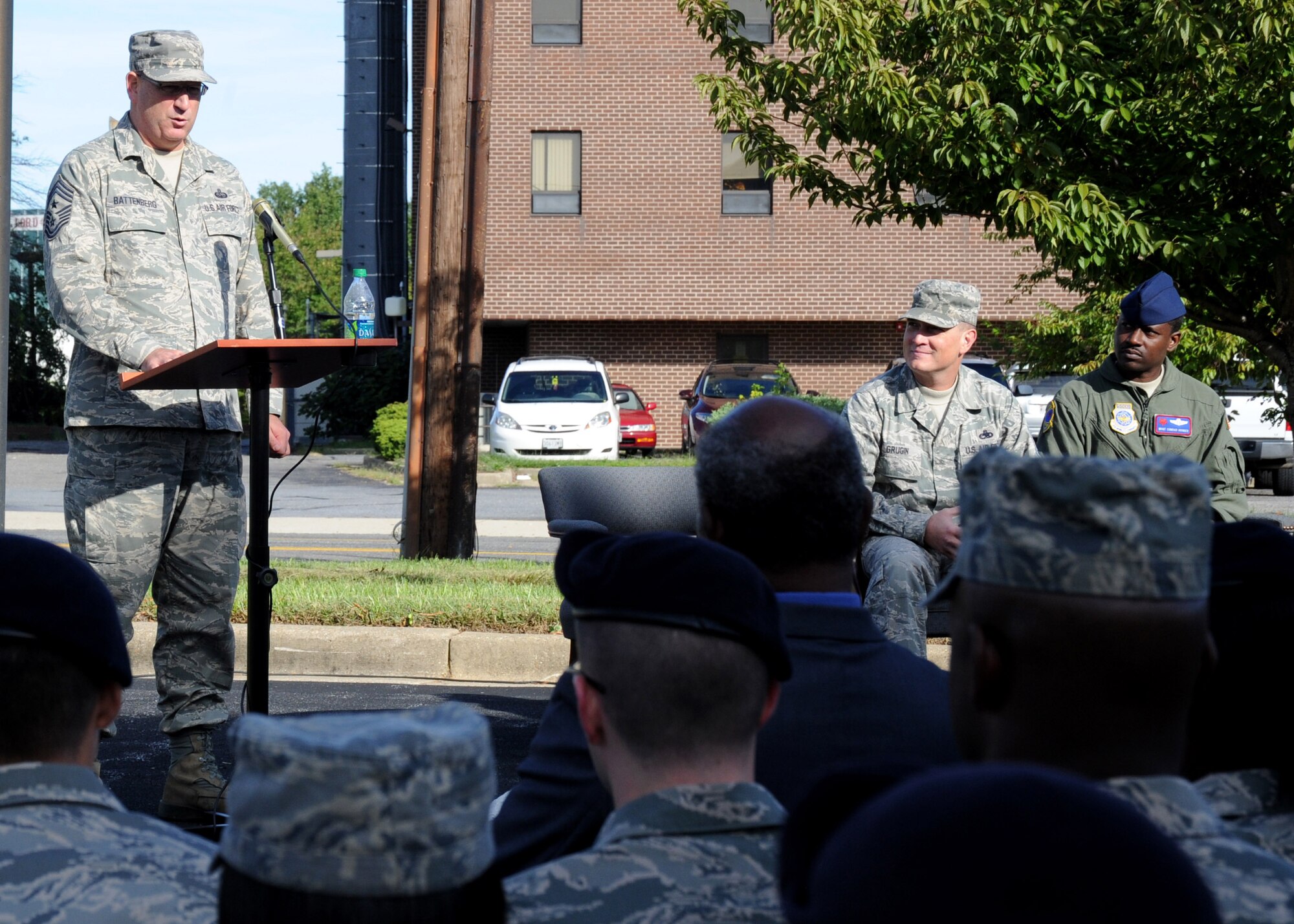 Chief Master Sgt. Pat Battenberg, Air Force District of Washington command chief, speaks to attendees of the POW/MIA Remembrance Day ceremony Sept. 16 at the Airmen Memorial Museum in Suitland, Md. The annual ceremony is hosted by the Air Force Sergeants’ Association chapter 102. POW/MIA Remembrance Day is the third Friday of September each year. (U.S. Air Force photo/ Airman 1st Class Bahja J. Jones)