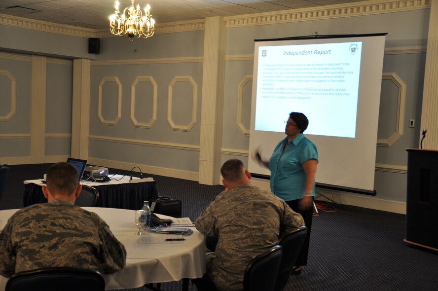 Nancy Pike, the Sexual Assault Response Coordinator at Seymour Johnson Air Force Base, N.C., briefs Airmen and civilians about the SARC program on-base during a Right Start briefing at the Eagle’s Landing conference room, Sept. 20, 2011. Right Start is a mandatory program for all new-coming Airmen and base personnel that covers areas such as the chapel, base emergency preparation, equal opportunity and the history of the base. Pike is a native of Angier, N.C. (U.S. Air Force photo by Airman 1st Class Mariah Tolbert) 
