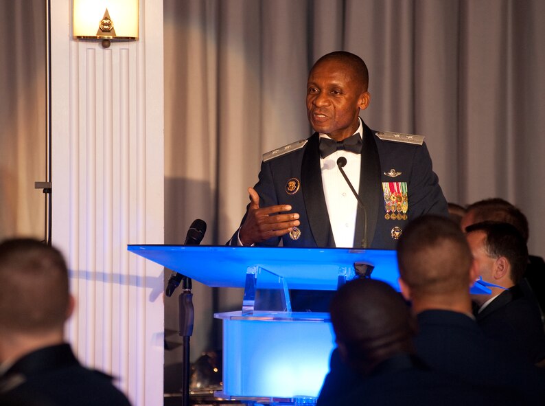 Major Gen. Darren W. McDew, Air Force District of Washington commander, gives closing remarks at the 2011 AFDW Air Force Birthday Ball held at the Joint Base Anacostia-Bolling Club, Washington, D.C., Sept. 16. (U.S. Air Force photo by Bobby Jones)