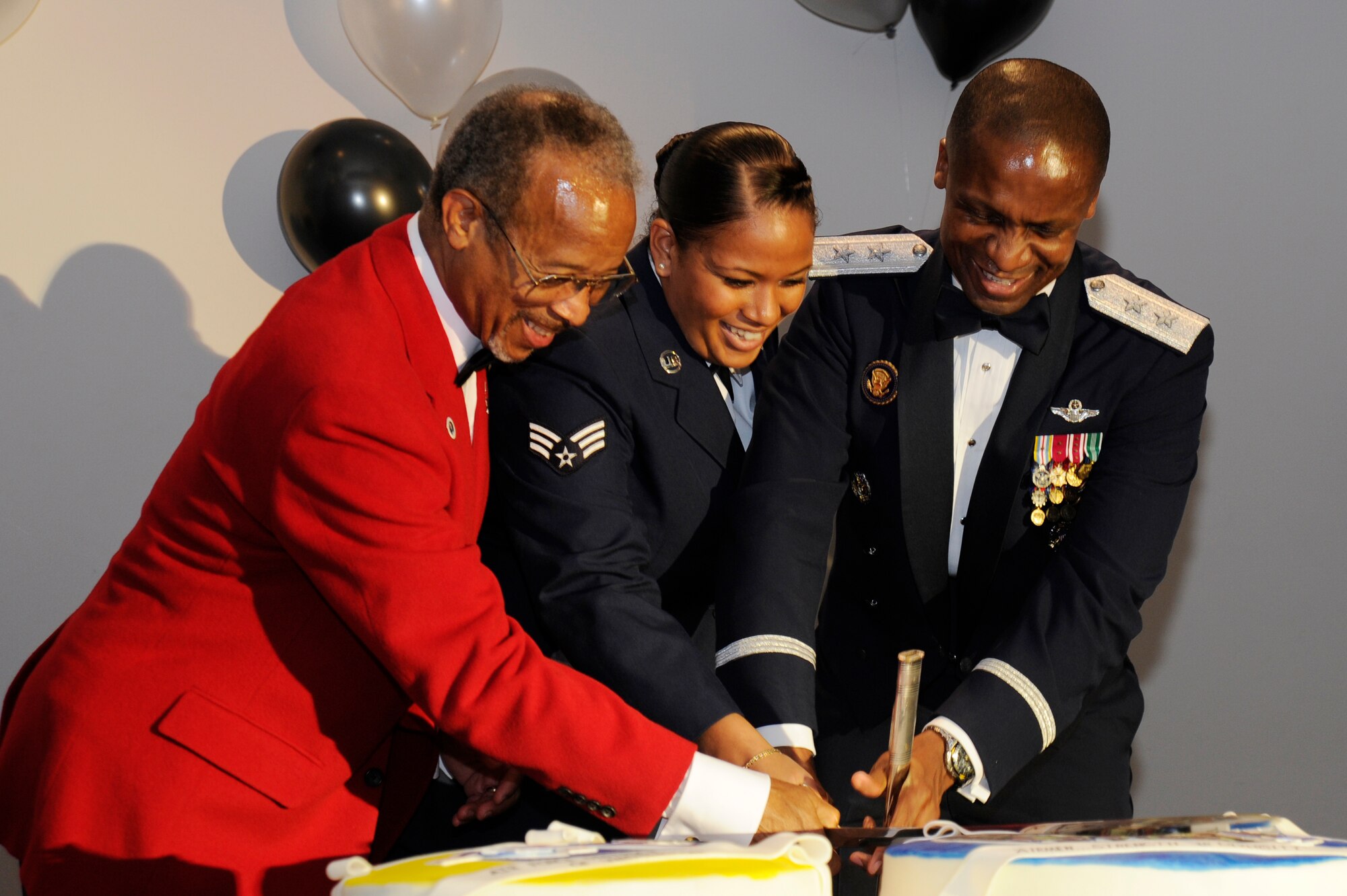 Maj. Gen. Darren W. McDew, Air Force District of Washington commander; Lt. Gen. (Ret.) Russell C. Davis, former Tuskegee Airman; and Senior Airman Christine C. Peters, 779th Medical Operations Squadron, cut the cake at the AFDW Air Force Ball Sept. 16 at Joint Base Anacostia-Bolling, Washington, D.C. The youngest and oldest Airmen in the room cut the cake to represent passing the torch to the next generation. 
"Ours is 64 years of rich, dynamic history," said McDew during the night's closing comments. "After 50 plus years being part of our Air Force family, I no longer concern myself with sounding cool. I can remind you just how special you are. I can say 'I am proud of you.' I can say 'Thank you' for all of the amazing things you accomplish everyday!" (U.S. Air Force photo by Staff Sgt. Raymond Mills)