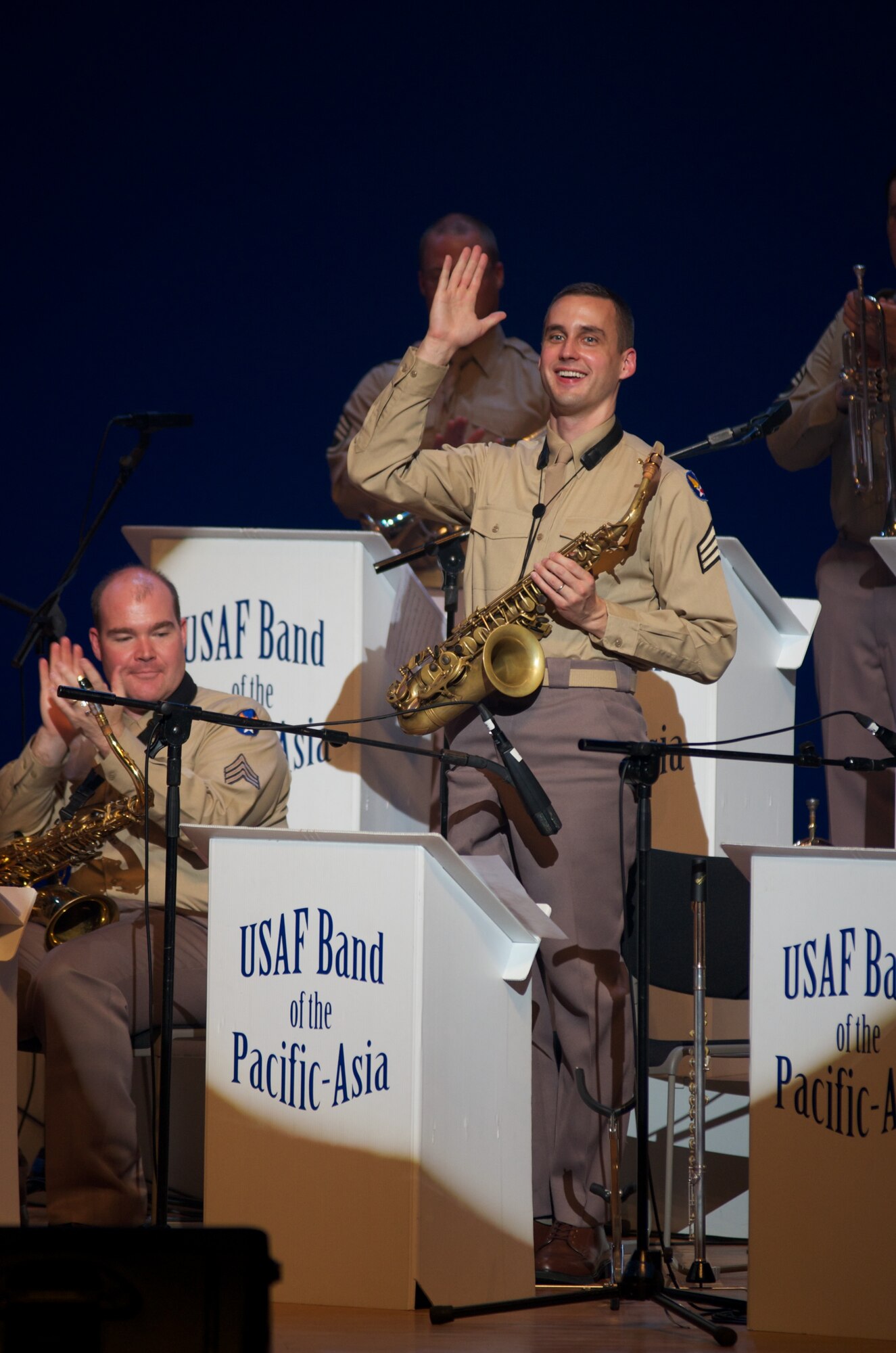IWATE, JAPAN--TSgt Ricky Sweum interacts with the audience after performing a saxophone solo. Sep 2011. (coutesy photo)