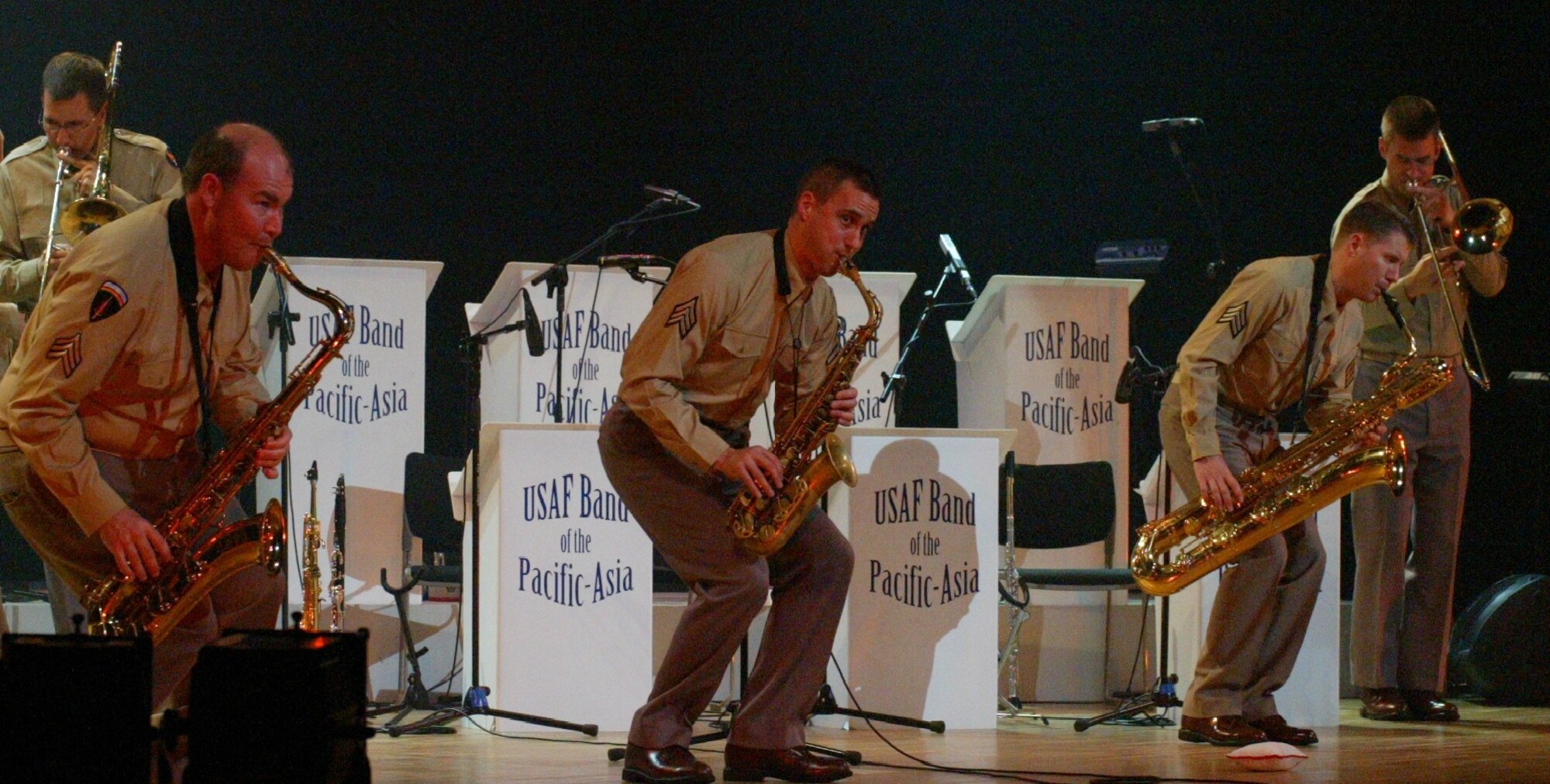 MIYAGI, JAPAN--Band members have a little fun with the audience while performing Glenn Miller’s Jazz classic “In the Mood”. Aug 2011.  (courtesy photo)