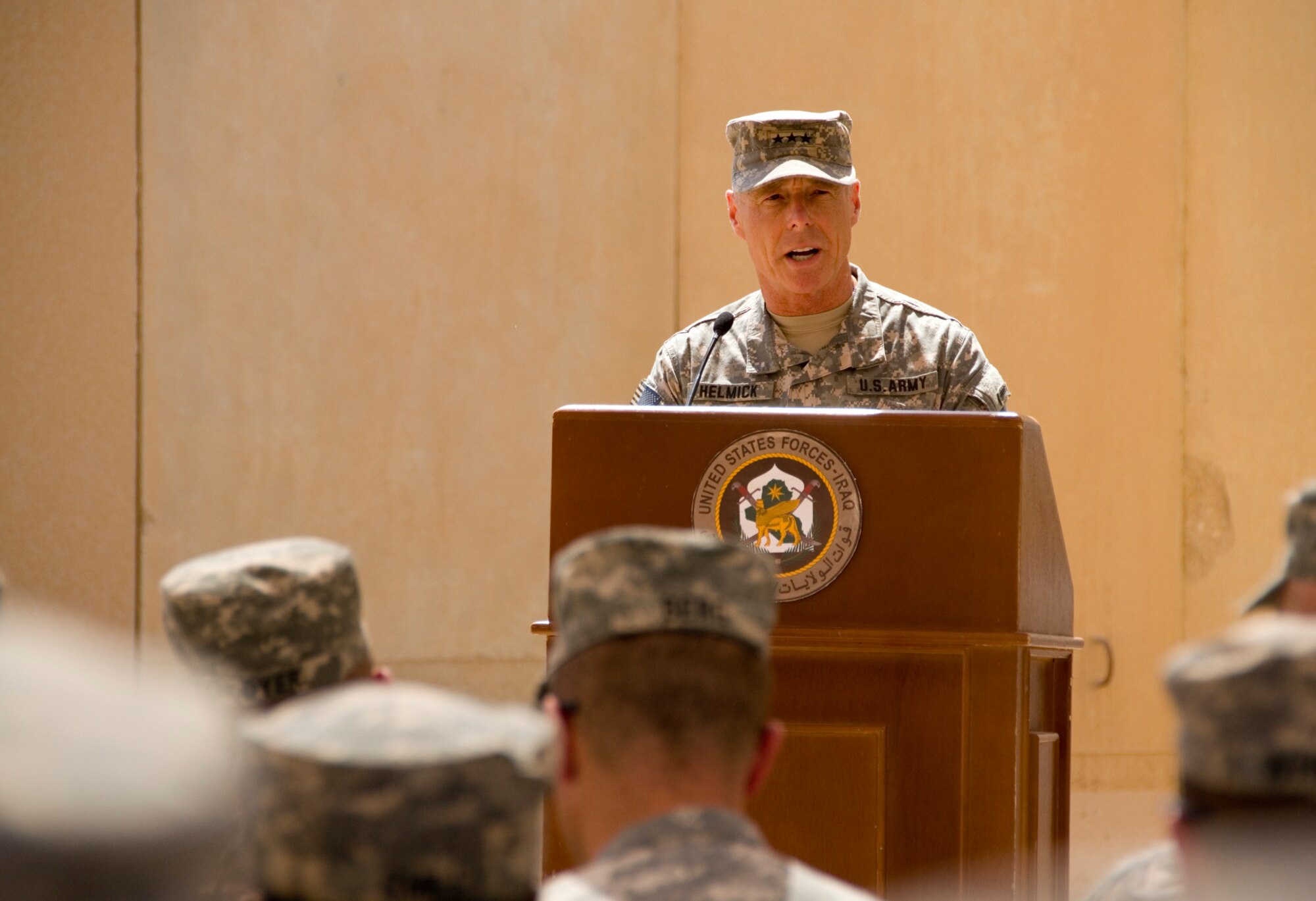 Army Lt. Gen. Frank Helmick, Deputy Commanding General for Operations, United States Forces - Iraq, speaks at the 9/11 Remembrance Ceremony on Al Asad Air Base, Iraq Sept. 11, 2011. The ceremony remembers the terrorists attacks on Sept. 11, 2001. (U.S. AIr Force photo/Staff Sgt. Shawn Rose)