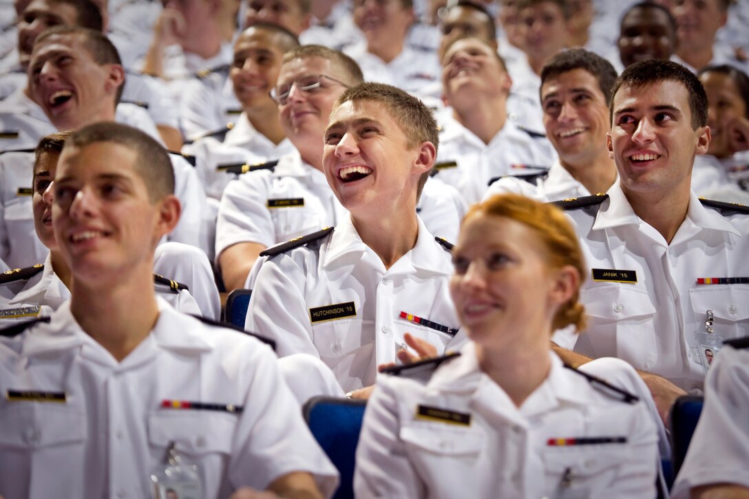 Naval Academy midshipmen laugh and enjoy a presentation by Navy Adm. Mike Mullen, chairman of the Joint Chiefs of Staff, during the U.S. Naval Academy Forrestal Lecture Series in Annapolis, Md., Sept. 21, 2011.