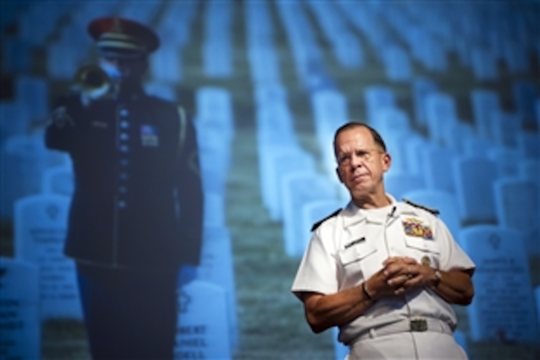 Navy Adm. Mike Mullen, chairman of the Joint Chiefs of Staff, addresses midshipmen and guests during the U.S. Naval Academy Forrestal Lecture Series in Annapolis, Md., Sept. 21, 2011. The series began in 1970 and draws representatives from various walks of life to enhance the education, awareness and appreciation of the Brigade of Midshipmen.