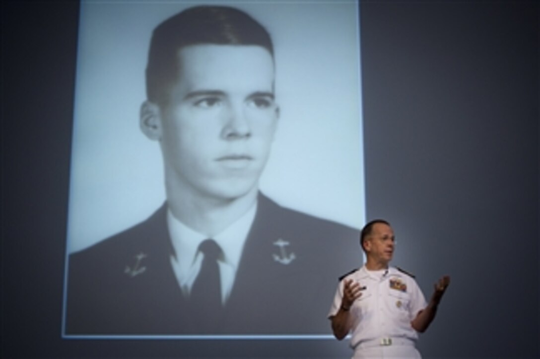 Chairman of the Joint Chiefs of Staff Adm. Mike Mullen, U.S. Navy, addresses midshipmen and guests at the U.S. Naval Academy Forrestal Lecture Series in Annapolis, Md., on Sept. 21, 2011.  The series began in 1970 and draws representatives from various walks of life to enhance the education, awareness and appreciation of the Brigade of Midshipmen.  