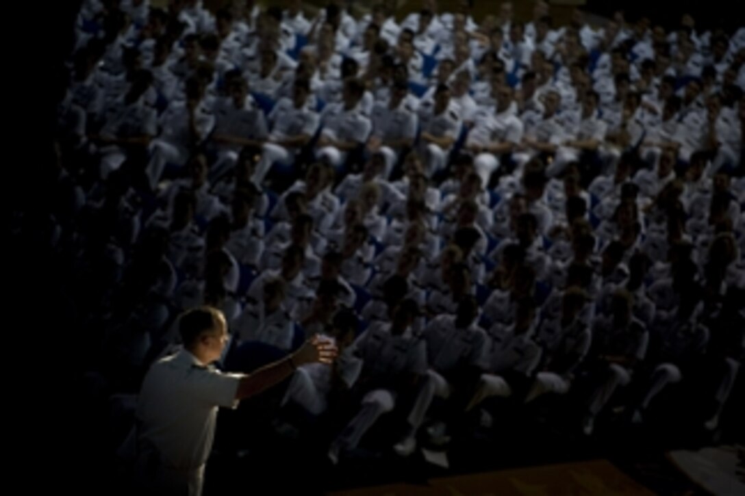 Chairman of the Joint Chiefs of Staff Adm. Mike Mullen, U.S. Navy, addresses midshipmen and guests at the U.S. Naval Academy Forrestal Lecture Series in Annapolis, Md., on Sept. 21, 2011.   The series began in 1970 and draws representatives from various walks of life to enhance the education, awareness and appreciation of the Brigade of Midshipmen.  