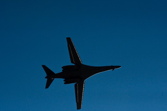 A U.S. Air Force B-1B Lancer from Dyess Air Force Base, Texas, flys overhead during a Green Flag-West 11-10, training mission, Sept. 21, 2011, at Nellis AFB, Nev. Green Flag-West provides a realistic close-air support training environment for forces preparing to support worldwide combat operations. (U.S. Air Force photo by Tech. Sgt. Michael R. Holzworth/Released)
