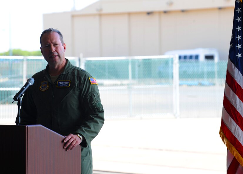 Brig. Gen. John Owen, Air Mobility Command, gives a speech about the capability of the C-130J Super Hercules Sept. 22, 2011 at Dyess Air Force Base, Texas. The aircraft is the seventh of 28 to be delivered to Dyess by 2013, replacing the current aging fleet of C-130 Hercules models.  (U.S. Air Force photo by Airman 1st Jonathan Stefanko/ Released)