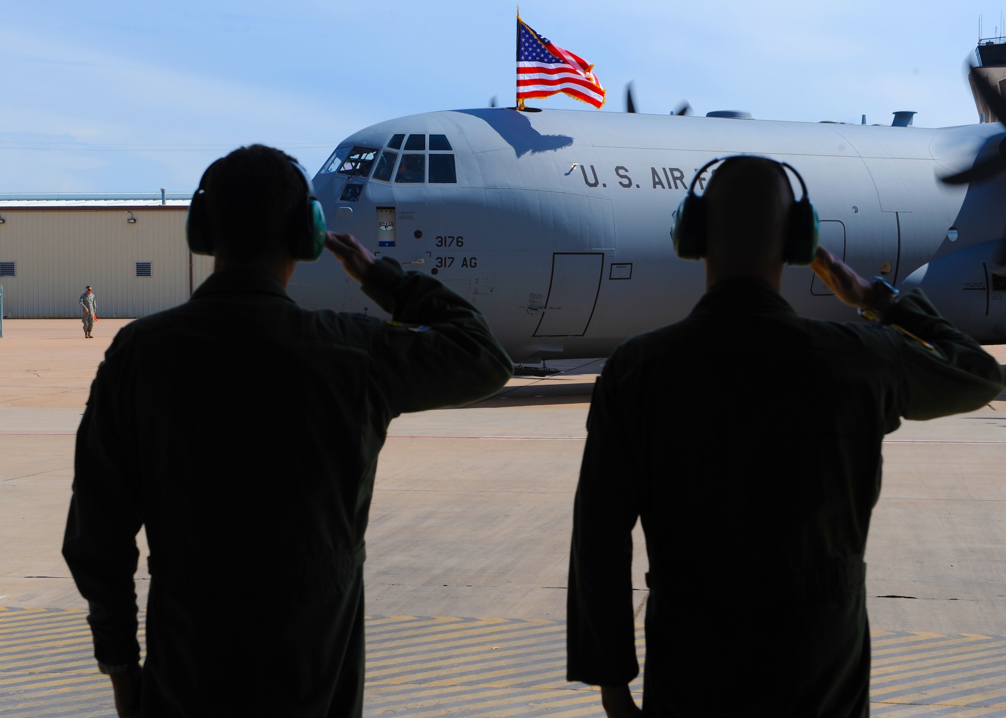 Brig. Gen. John Owen, Air Mobility Command, lands a C-130J Super Hercules Sept. 22, 2011 at Dyess Air Force Base, Texas. The aircraft is the seventh of 28 to be delivered to Dyess by 2013, replacing the current aging fleet of C-130 Hercules models. (U.S. Air Force photo by Airman 1st Class Jonathan Stefanko)