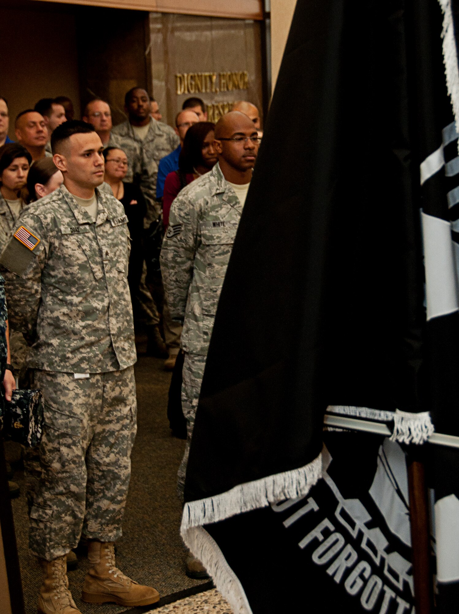 Air Force Mortuary Affairs Operations hosted a Prisoner of War Missing in Action ceremony in remembrance of those who have been POWs or MIA and their families. The AFMAO chapel staff arranged the ceremony for the crowd of about a hundred. (U.S. Air Force photo by Staff Sgt. Augustine G. Salazar)