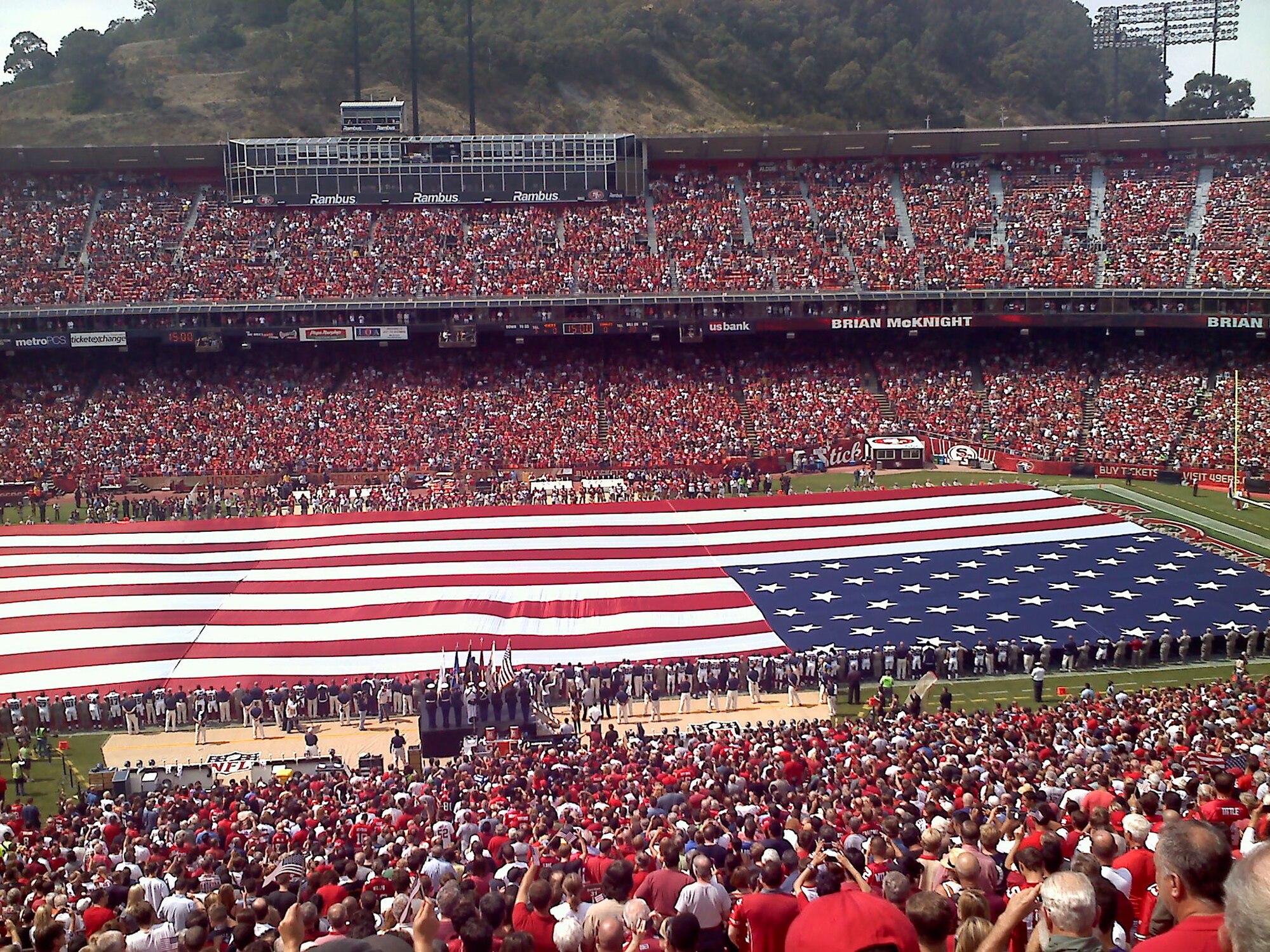 TRAVIS AIR FORCE BASE, Calif.  --  Team Travis participate in the 49ers Opening Day events on 9/11 unfurled the colors to thunderous applause from the fans. (U.S. Air Force photo/Col. John Lipinski)