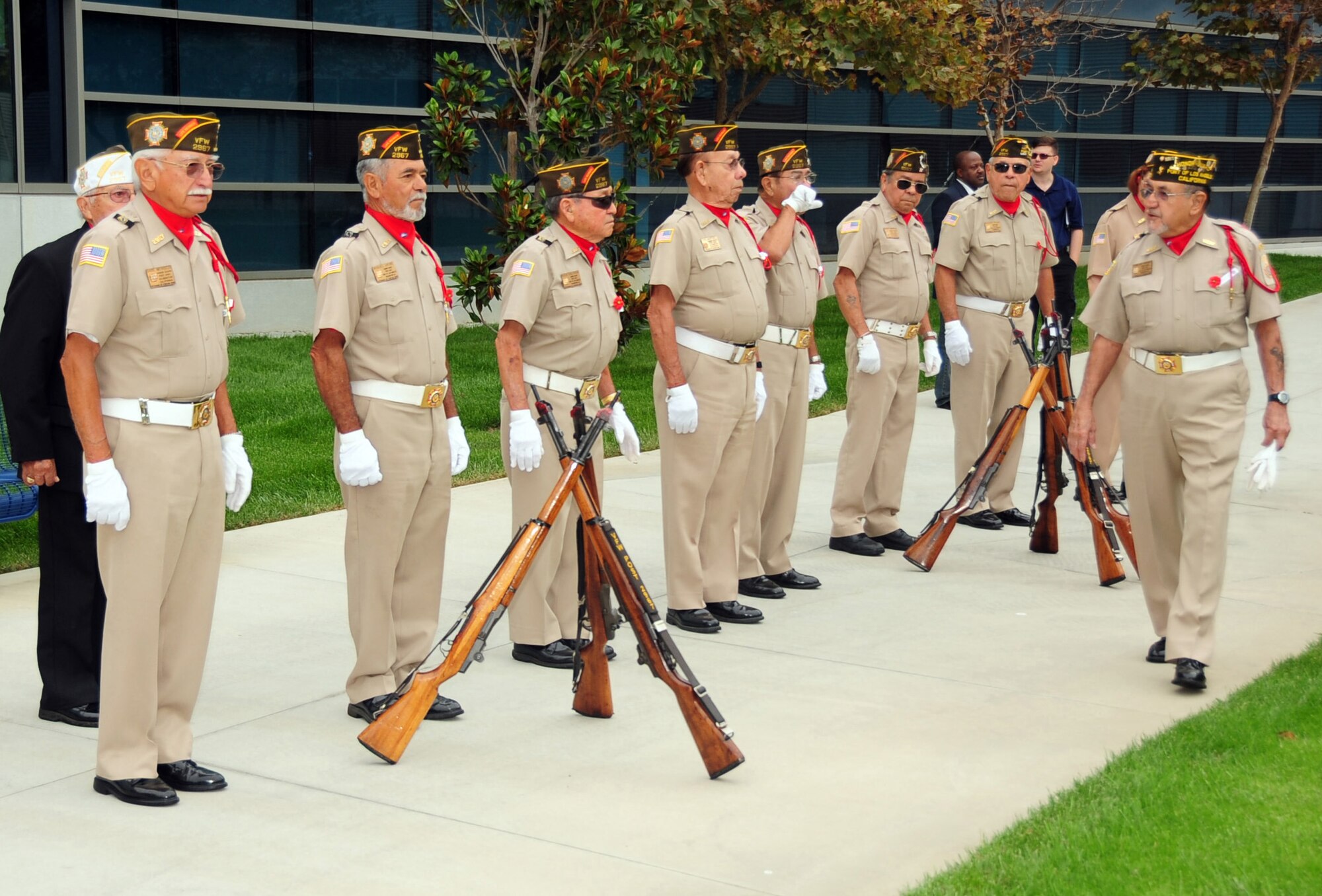 Members of VFW Post 2967 stand at attention at the POW/MIA Day wreath laying ceremony, Sept. 16.  (Photo by Jim Gordon) 
