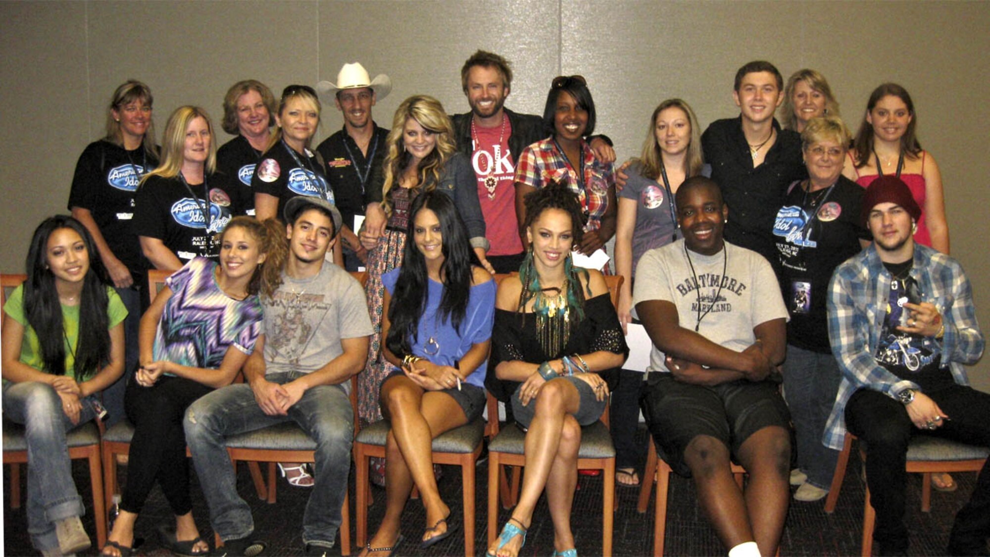 American Idol contestants pose with a couple of members of the 916th Air Refueling Wing and 567th RED HORSE Squadron (Midge Hayes, Charlene Kapp and Jayne Jackson). See which Idol recorded a message to the Airmen of the 916th for their 25th anniversary by going to the 916th Air Refueling Wing Fan page on Facebook in the month of October. (USAF courtesy photo)