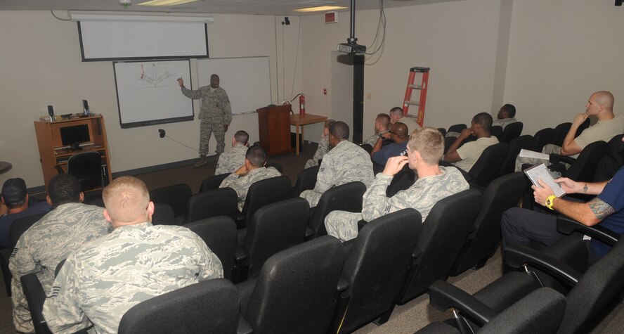 Senior Master Sgt. Steven Woodard, 2nd Civil Engineer Squadron Fire Department assistant chief, briefs the B shift before egress training on Barksdale Air Force Base, La., Sept. 21. During the pre-briefing the fire department discuss locations for the teams to drive to and plan for  "real world" incidents. (U.S. Air Force photo/Senior Airman Kristin High)(RELEASED)
