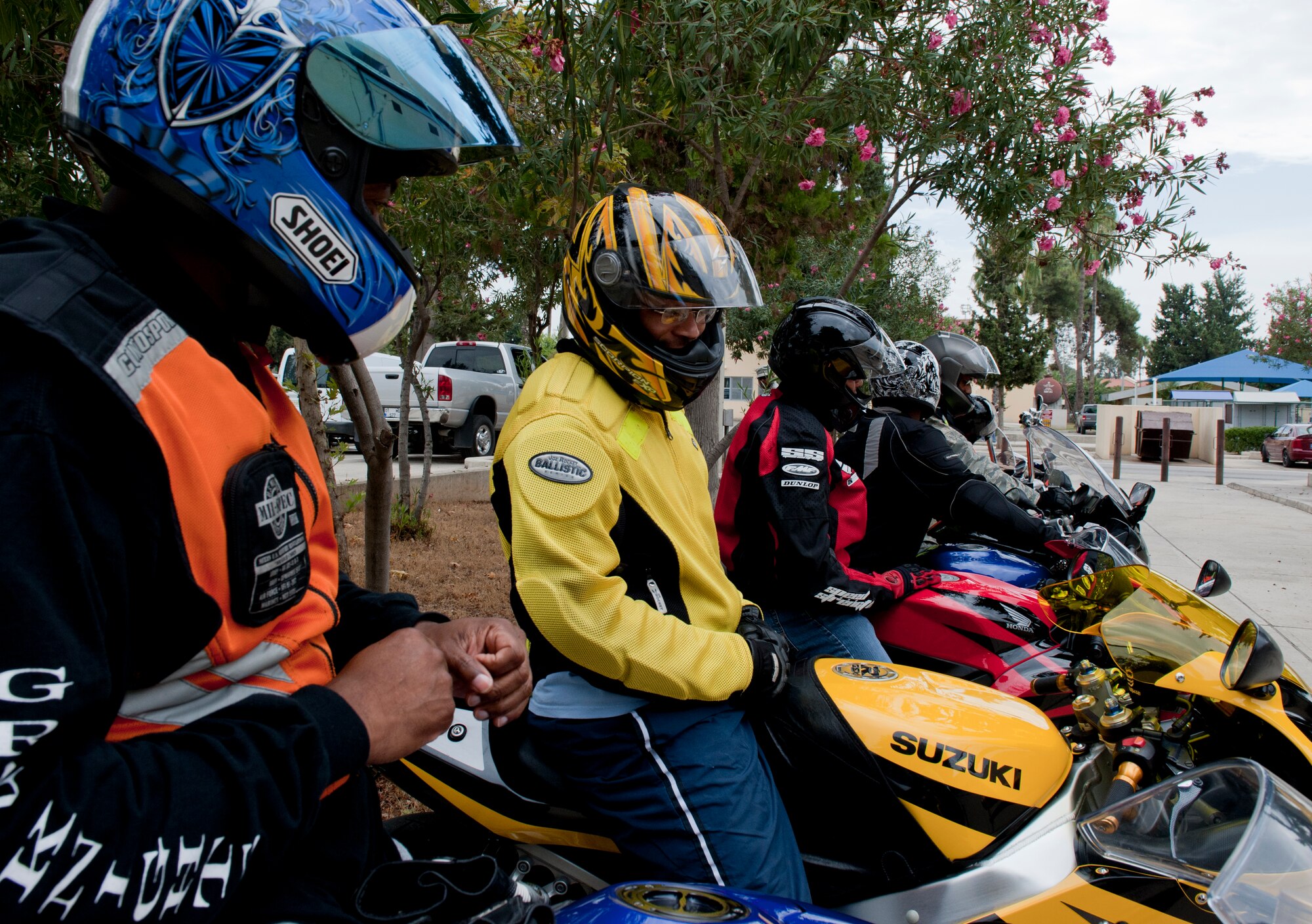 Members of the Green Knights motorcycle club get ready to leave after their weekly meeting Sept. 23, 2011, at Incirlik Air Base, Turkey. Currently, there are 90 chapters worldwide in the U.S. Air Force, U.S. Army, the Royal Air Force, Irish Defense Force and the Canadian Forces of Canada. (U.S. Air Force photo by Senior Airman Anthony Sanchelli/Released)