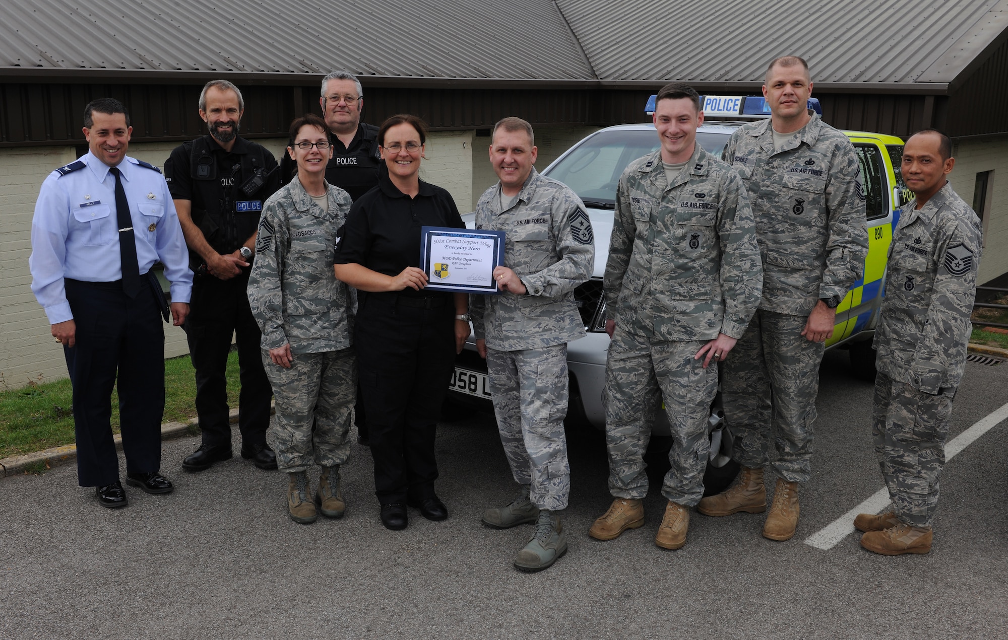 RAF CROUGHTON, United Kingdom - The Croughton Ministry of Defence Police was named the September 501st Everyday Hero from the 422nd Air Base Group. The MDP are responsible for providing host nation police service to RAF Croughton and Barford St. John. (U.S. Air Force photo by Tech. Sgt. John Barton)
