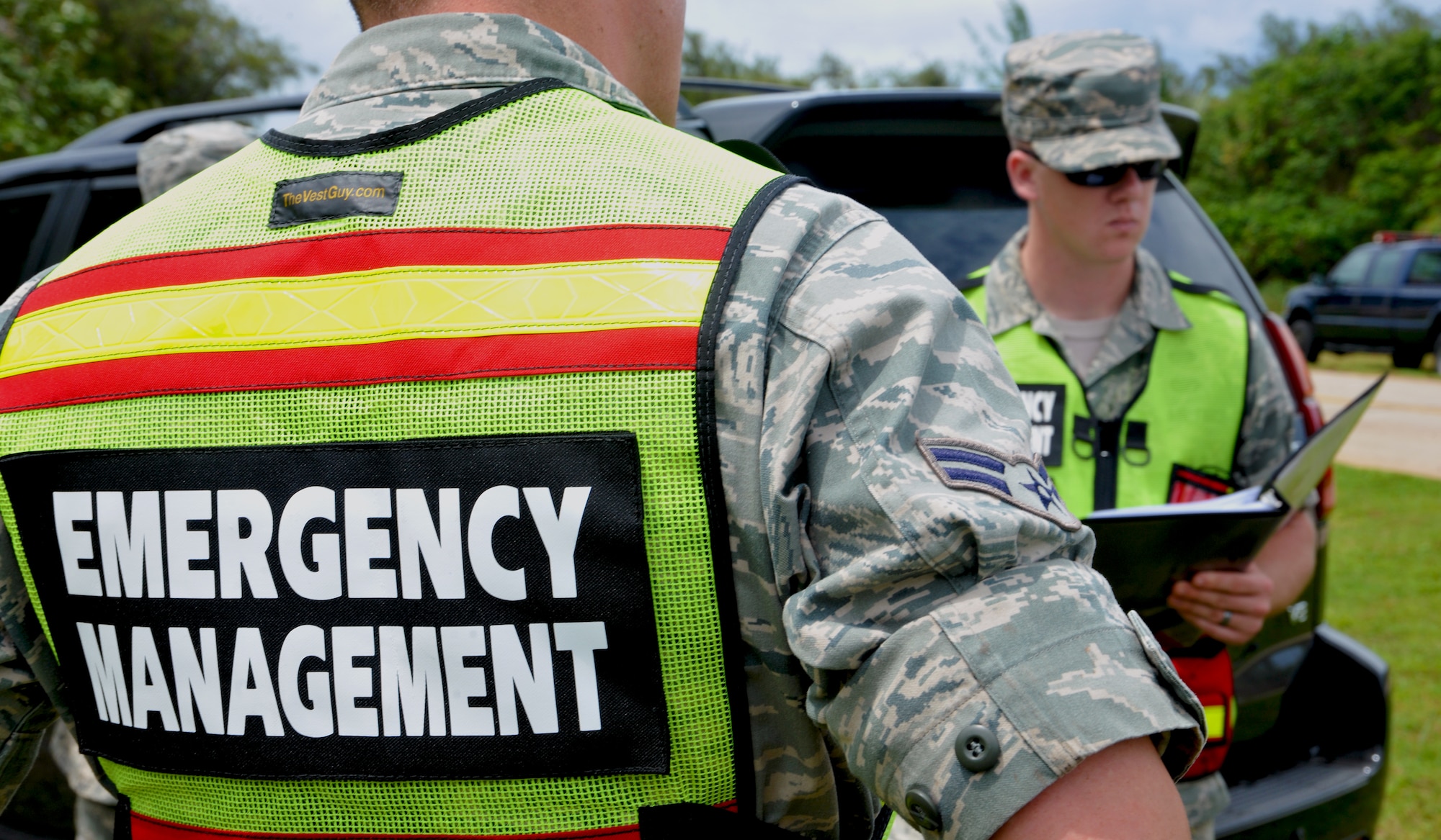 ANDERSEN AIR FORCE BASE, Guam—The 36th Wing emergency management team meets together to solve a simulated fuel leak during disaster response exercise MARIANAS RUMBLE here, Sep. 21. The base received simulated damage to facilities causing several agencies to work together to keep daily operations running.  (U.S. Air Force photo by Senior Airman Benjamin Wiseman/Released)
