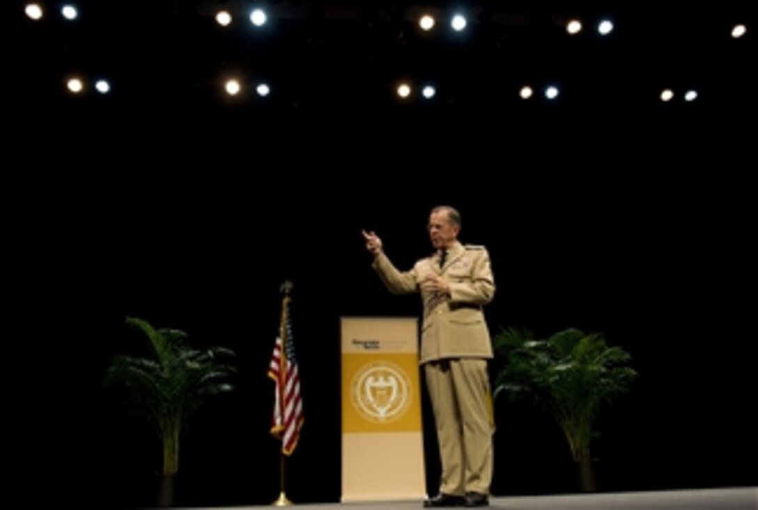 U.S. Navy Adm. Mike Mullen, chairman of the Joint Chiefs of Staff addresses audience members at a Conversations with the Country stop at Georgia Tech University, Atlanta, Ga., Sept. 13, 2011. Mullen is on a two-day trip with stops in New York City and Miami in his final domestic trip as chairman.  