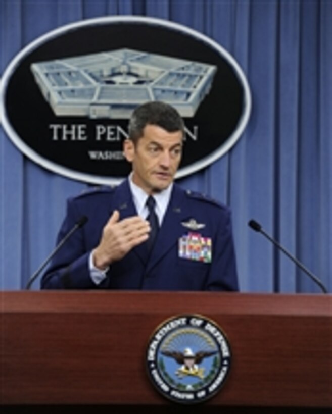 Commander, 9th Air and Space Expeditionary Task Force-Iraq Maj. Gen. Russ Handy, U.S Air Force, briefs the press in the Pentagon in Arlington, Va., on Sept. 14, 2011.  Handy provided an update on the U.S. Air Force’s mission in Iraq.  Handy is also the director, Air Component Coordination Element-Iraq.  