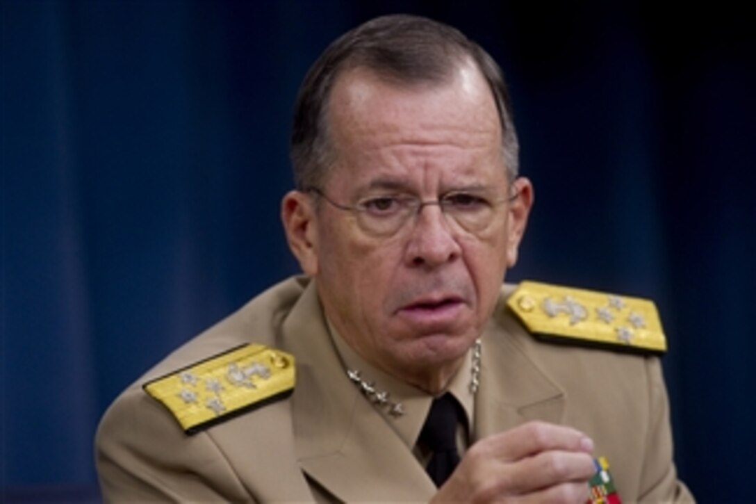 Chairman of the Joint Chiefs of Staff Adm. Mike Mullen, U.S. Navy, answers a reporter’s question during a press briefing with Secretary of Defense Leon E. Panetta at the Pentagon in Arlington, Va., on Sept. 20, 2011.  