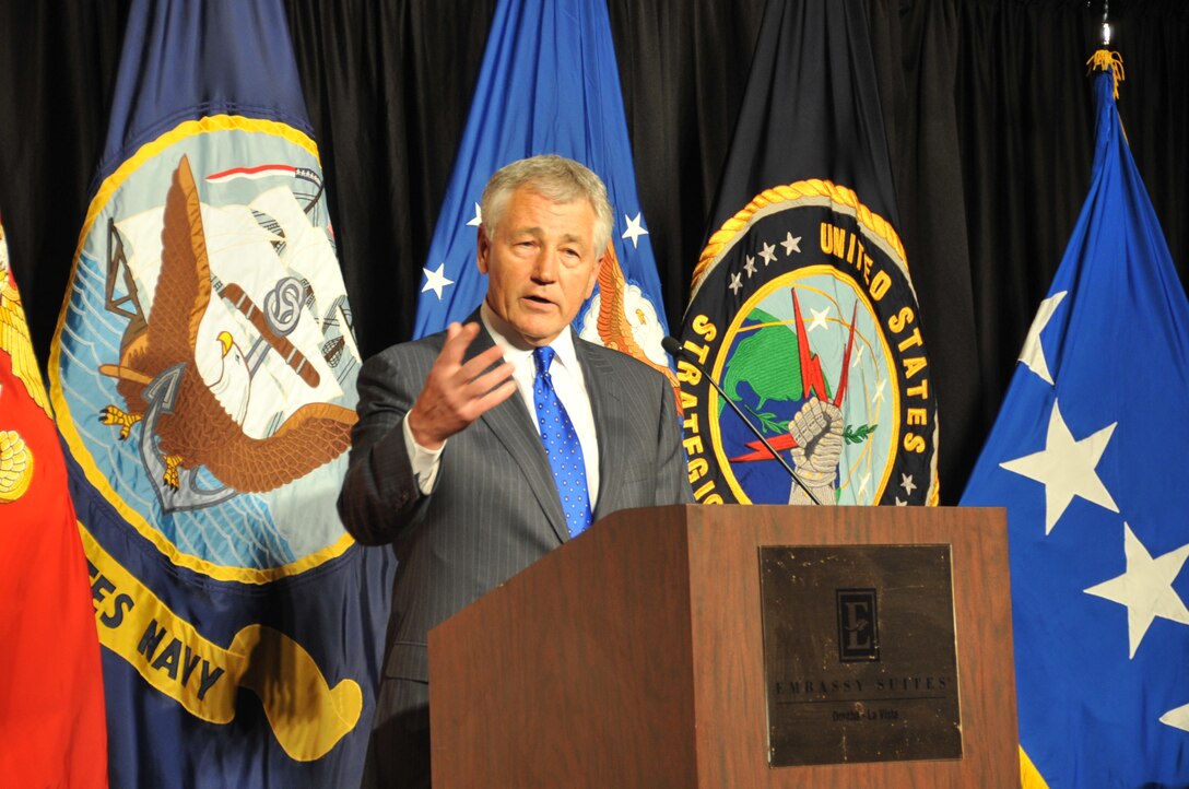 OMAHA, Neb. - Chuck Hagel, former Nebraska senator, addresses the audience during the 2011 U.S. Strategic Command Birthday Ball held Sept. 23 in downtown Omaha.  Mr. Hagel was the guest speaker for the event.