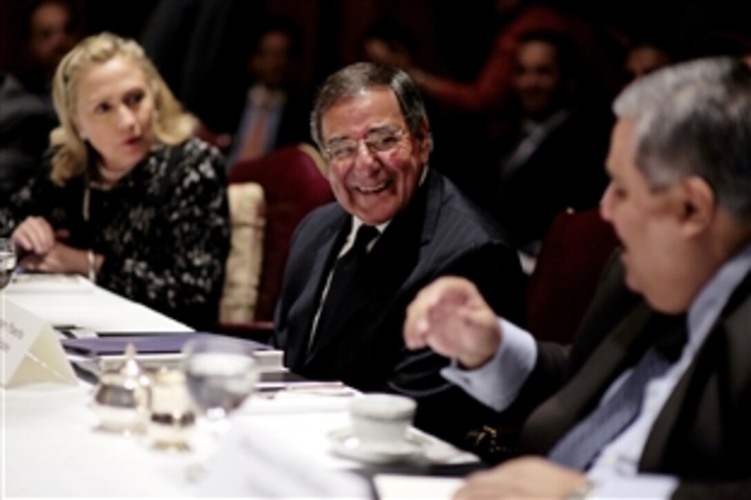 Defense Secretary Leon E. Panetta and Secretary of State Hillary Rodham Clinton meet with Gulf Cooperation Council ministers during a ministerial in New York, Sept. 23, 2011. The ministerial aims at deepening and strengthening security cooperation between the United States and the council, which includes Bahrain, Kuwait, Oman, Qatar, Saudi Arabia and United Arab Emirates. 