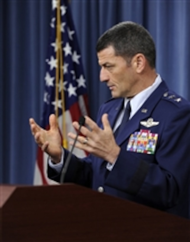 Commander, 9th Air and Space Expeditionary Task Force-Iraq Maj. Gen. Russ Handy, U.S Air Force, briefs the press in the Pentagon in Arlington, Va., on Sept. 14, 2011.  Handy provided an update on the U.S. Air Force’s mission in Iraq.  Handy is also the director, Air Component Coordination Element-Iraq.  