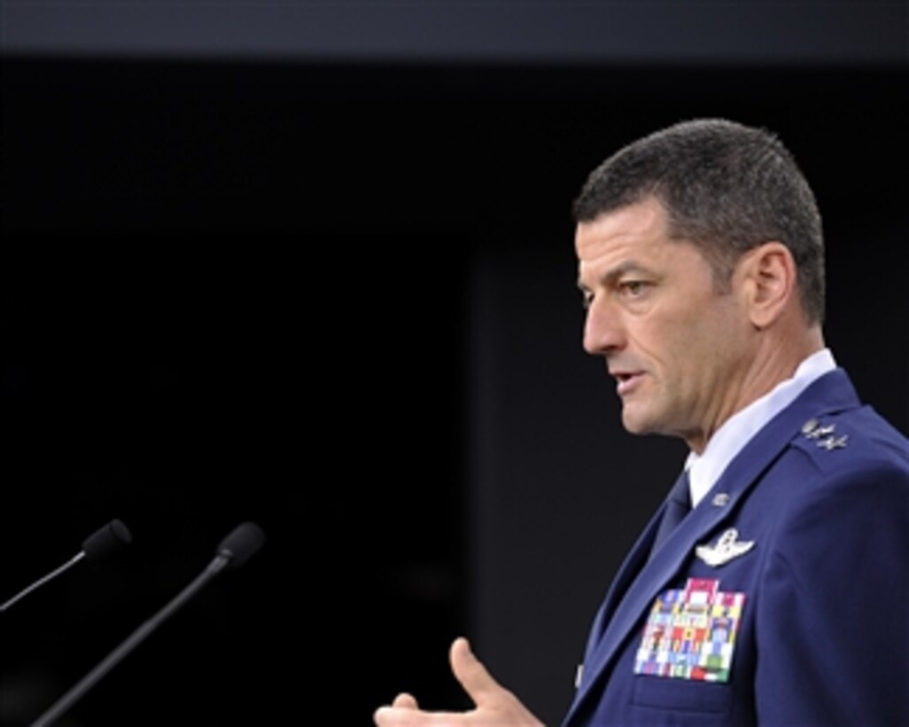 Commander, 9th Air and Space Expeditionary Task Force-Iraq Maj. Gen. Russ Handy, U.S Air Force, briefs the press in the Pentagon in Arlington, Va., on Sept. 14, 2011.  Handy provided an update on the U.S. Air Force’s mission in Iraq.  Handy is also the director, Air Component Coordination Element-Iraq.  