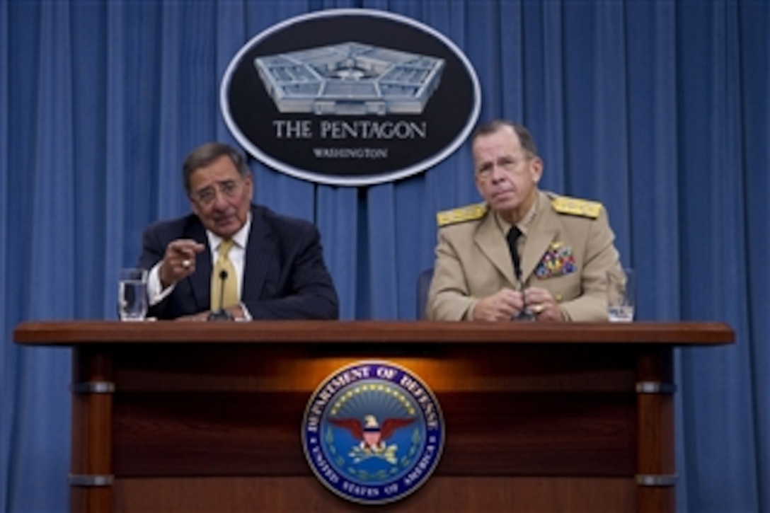 Secretary of Defense Leon E. Panetta and Chairman of the Joint Chiefs of Staff Adm. Mike Mullen, U.S. Navy, conduct a press briefing at the Pentagon in Arlington, Va., on Sept. 20, 2011.  