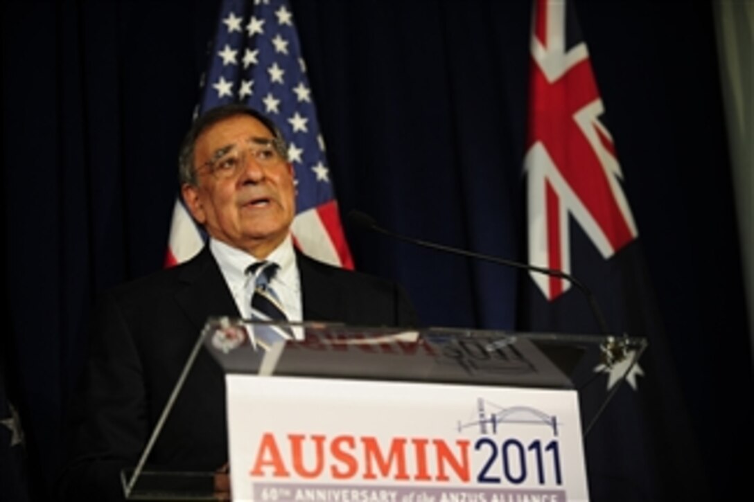 Secretary of Defense Leon Panetta speaks during a joint press conference with Secretary of State Hillary Clinton, Australian Foreign Minister Kevin Rudd and Australian Minister of Defense Stephen Smith, at the U.S.-Australia Ministerial talks at the Presidio in San Francisco, Calif., on Sept. 15, 2011.  The delegation is meeting to discuss areas of mutual interests and to celebrate the 60th anniversary of the ANZUS Treaty, signed in 1951 by Australia, New Zealand and the United States.  