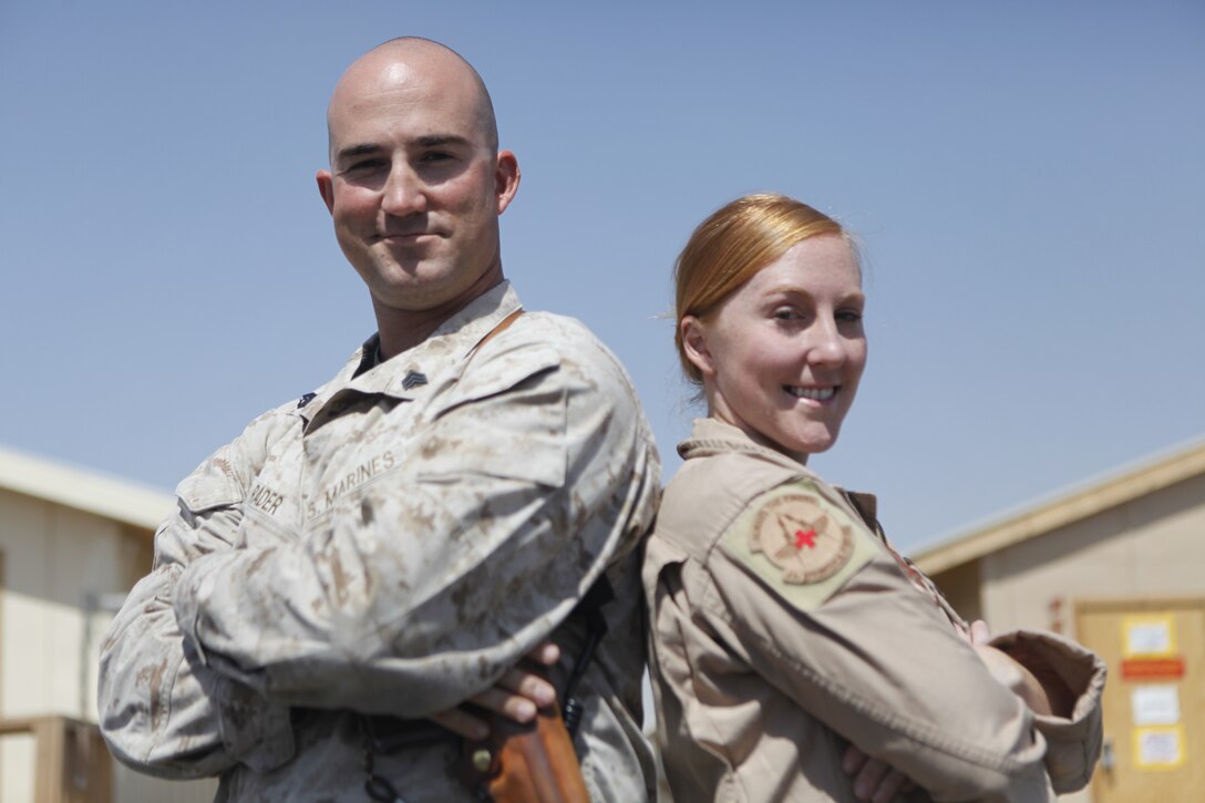 Marine Corps Sgt. Eric Rader and his sister, U.S. Air Force Staff Sgt. Rebecca McHenry, serve together at Camp Leatherneck, Afghanistan. Rader and McHenry were raised in a military family, and have learned to rely on each other through tough times, including their current deployment.  Rader is the 2nd Marine Aircraft Wing (Forward) air chief and McHenry is an aeromedical evacuation specialist with 651st Expeditionary Aeromedical Evacuation Squadron.