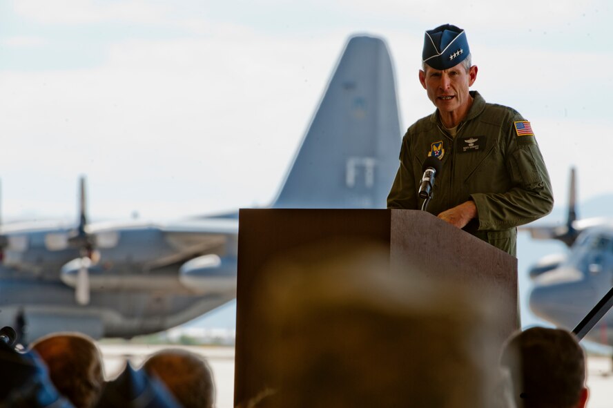U.S. Air Force Chief of Staff Gen. Norton Schwartz, speaks to the audience about the capabilities of the HC-130J Combat King II, during the HC-130J arrival ceremony on Davis-Monthan Air Force Base, Az. on Sept. 24, 2011. The new aircraft will go to the 88th Tester Squadron, for a year while pilots from the 79th Rescue Squadron attend training for using the aircraft's new operating systems. (U.S. Air Force photo by Staff Sgt. Joshua J. Garcia/Released)
