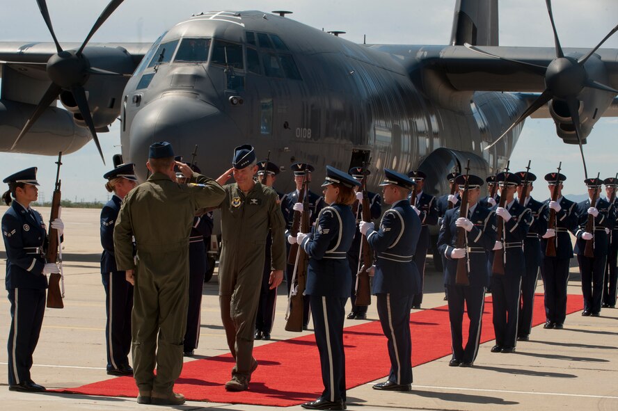 U.S. Air Force Chief of Staff Gen. Norton Schwartz, is greeted by U.S. Air Force Col. John A. Cherrey, 355th Fighter Wing commander, after arriving to Davis-Monthan Air Force Base, Az., in the new HC-130J Combat King II for the aircraft's arrival ceremony on Sept. 24, 2011. Schwartz piloted the aircraft from the Lockheed Martin Aerospace Company, Marietta, Ga. to Davis-Monthan for the ceremony. (U.S. Air Force photo
by Staff Sgt. Joshua J. Garcia/Released)