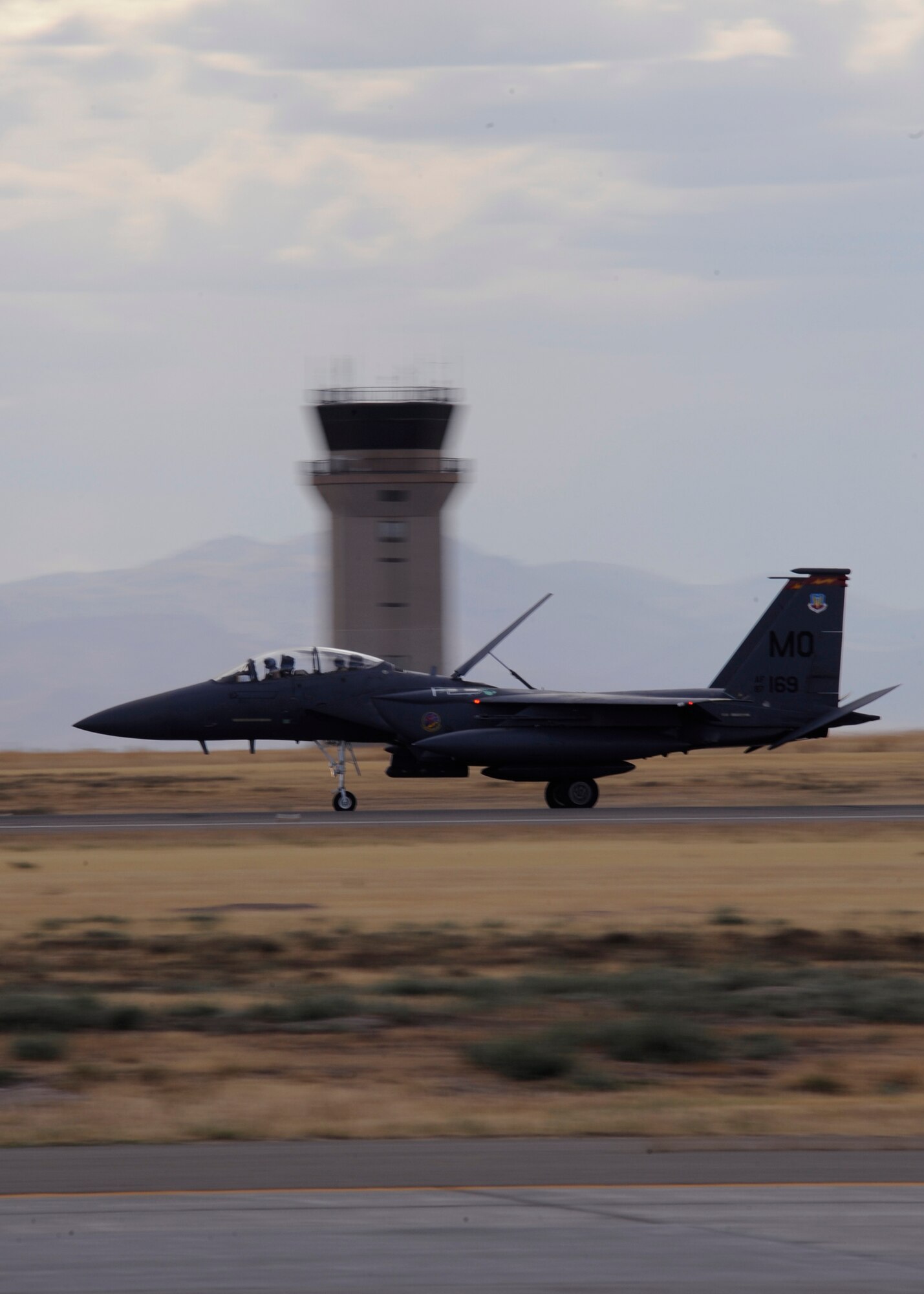 MOUNTAIN HOME AIR FORCE BASE, Idaho -- One of six F-15 E Strike Eagles is landed here Sept 25. This aircraft is assigned to the 389th Fighter Squadron, and just returned from a six-month deployment to Afghanistan. (U.S. Air Force photo by Senior Airman Angelina Drake)