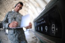 KUNSAN AIR BASE, Republic of Korea -- Senior Airman Miguel Valencia, 8th Logistics Readiness Squadron fuels distribution operator, writes down the number of gallons put into an F-16 Fighting Falcon during a hot pit refuel here Sept. 21. Hot pit refueling is a procedure usually performed in a combat situation to rapidly refuel aircraft. (U.S. Air Force photo/Senior Airman Brittany Y. Bateman)