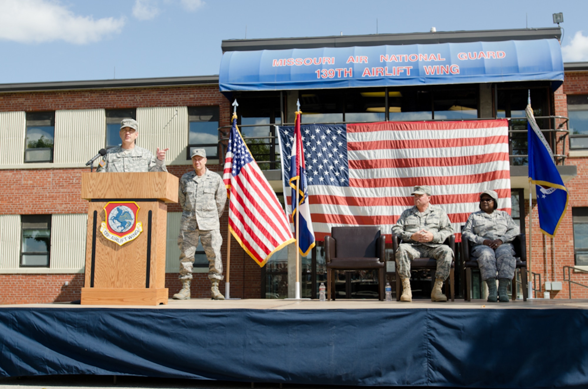 Maj. Gen. Stephen Danner, Missouri National Guard Adjutant General, speaks during the assumption of command on September 25, 2011 at Rosecrans Memorial Airport in Saint Joseph, Mo. Col. Pankau assumed command of the 139th becoming the 10th commander. (U.S. Air Force photo by Senior Airman Sheldon Thompson)