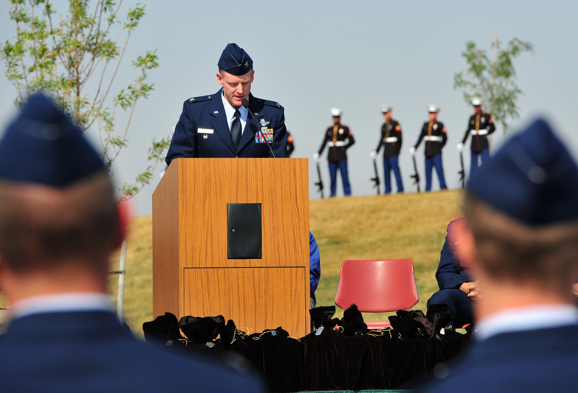 Col. Marc Van Wert, 92nd Air Refueling Wing vice commander, speaks during an honor service for the Missing in America Project at Washington State Veteran’s Cemetery in Medical Lake, Wash., Sept. 12. The honor service is the largest mass honor service for the Missing in America Project in the nation to date. (U.S. Air Force Photo/Staff Sgt. Michael Means)