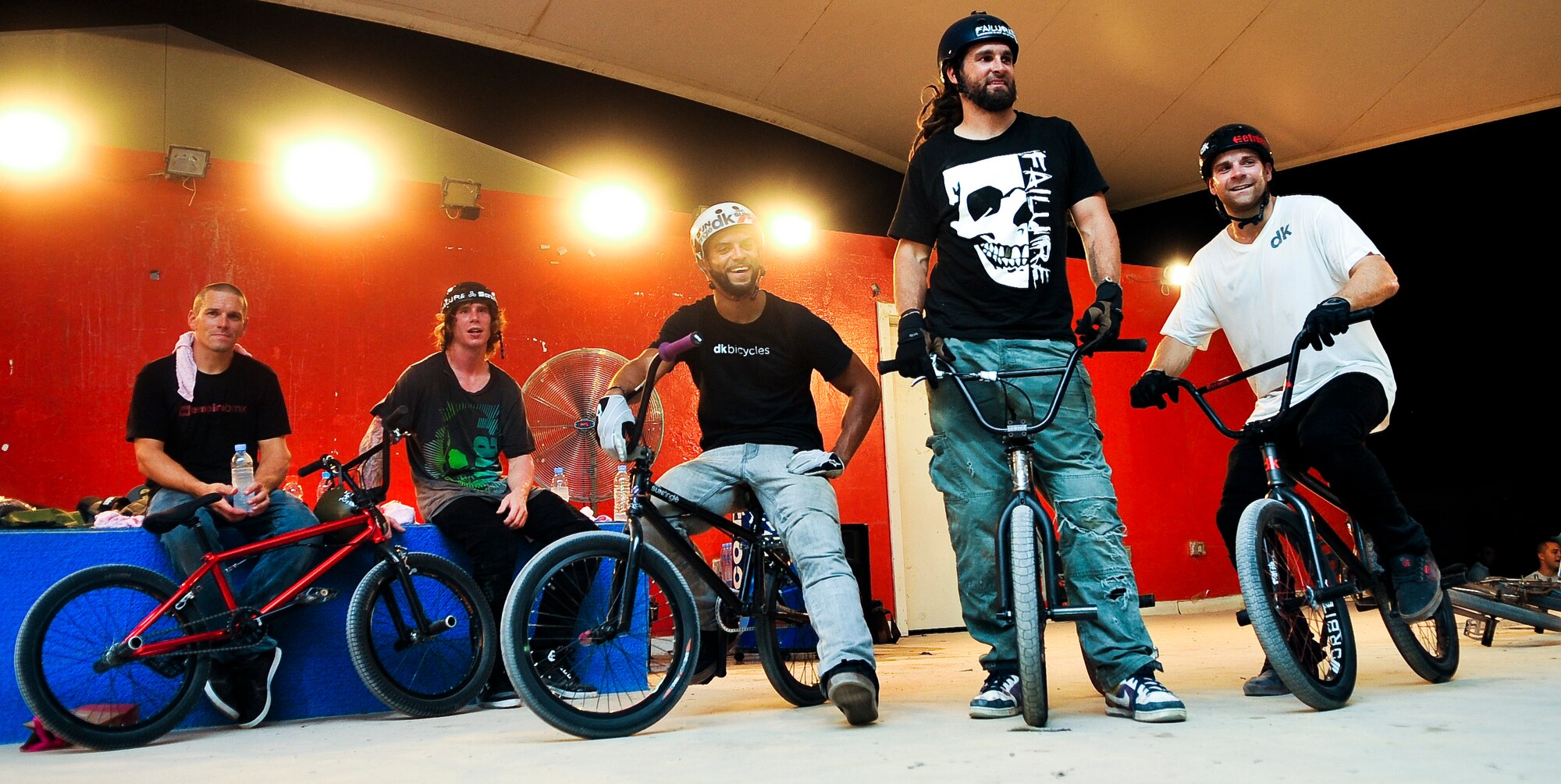 (Left to right) Ron Kimler, Jeremiah Smith, Mykel Larrin, Nate Wessel and Brian Kachinsky performed for deployed servicemembers during a “Bikes over Baghdad” tour stop, Sept. 24, 2011, at an undisclosed location in Southwest Asia. (U.S. Air Force photo/Senior Airman Paul Labbe)
