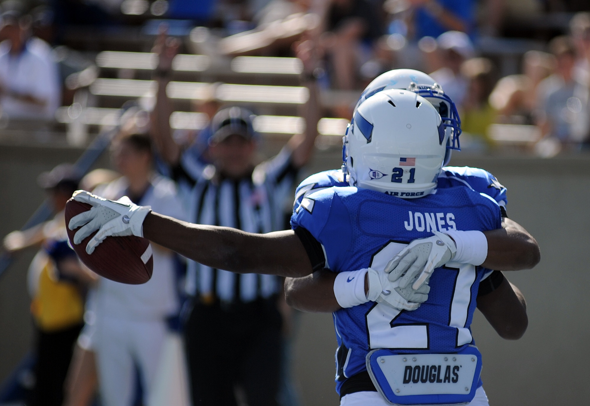 Air Force running back Darius Jones celebrates following his 23-yard touchdown run Saturday, Sept. 24, 2011 at Falcon Stadium. Jones finished with 63 yards on six carries to go along with the Falcons' 792 yards of total offense on the day, a school and Mountain West record. They beat the Tigers 63-24. (U.S. Air Force photo/Tech. Sgt. Raymond Hoy)
