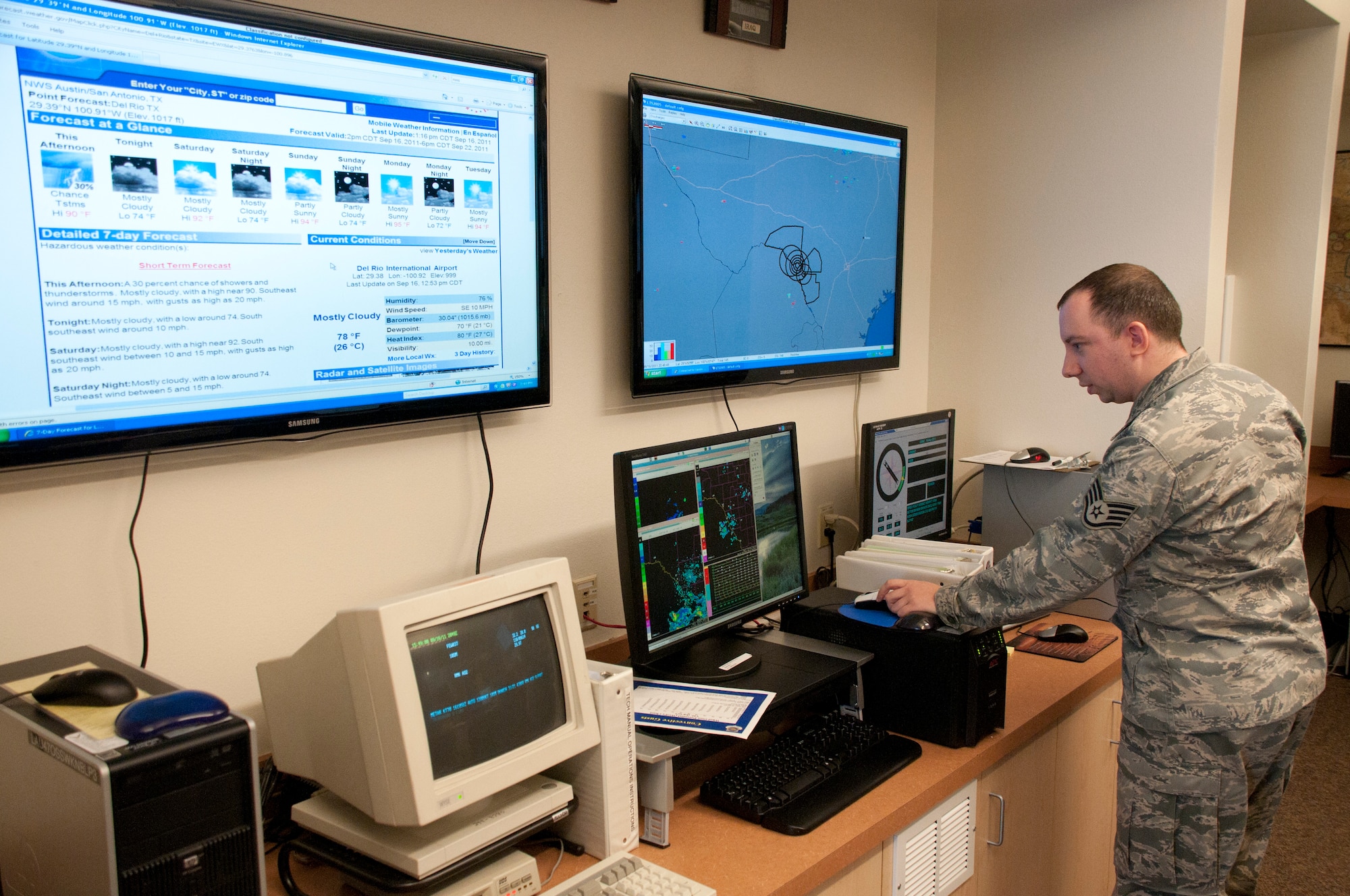 LAUGHLIN AIR FORCE BASE, Texas – Staff Sgt. Thomas Jenkins, 47th Operations Support Squadron Weather Flight NCO in charge of weather systems, monitors the weather here Sept. 16. Jenkins recently developed a formula to increase dust storm forecasts accuracy from 10 to 80 percent. The Air Force recognized this achievement and are scheduled to begin training personnel and distributing to areas of responsibility that will benefit from the new tool. (U.S. Air Force photo/Senior Airman Scott Saldukas) 