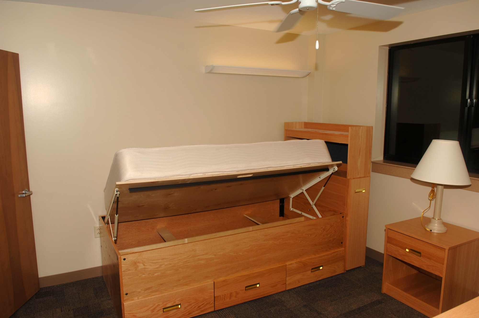 This image displays a view of an individual room in the newest dorms at Shaw Air Force Base, S.C., Sept. 26, 2011. The new dorm is an apartment-like living area with a common room shared by four Airmen. Each individual Airman will have their own bathroom. (U.S. Air Force photo by Airman First Class Hunter Brady/Released)