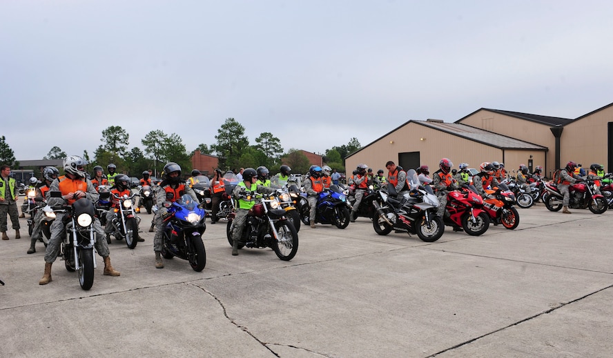 Team Moody motorcyclists prepare for a motorcycle ride on the flightline at Moody Air Force Base, Ga., Sept. 23, 2011. The members were given an opportunity to ride their bikes on the flightline after a mandatory post-season motorcycle safety briefing. (U.S. Air Force photo by Senior Airman Stephanie Mancha/Released)