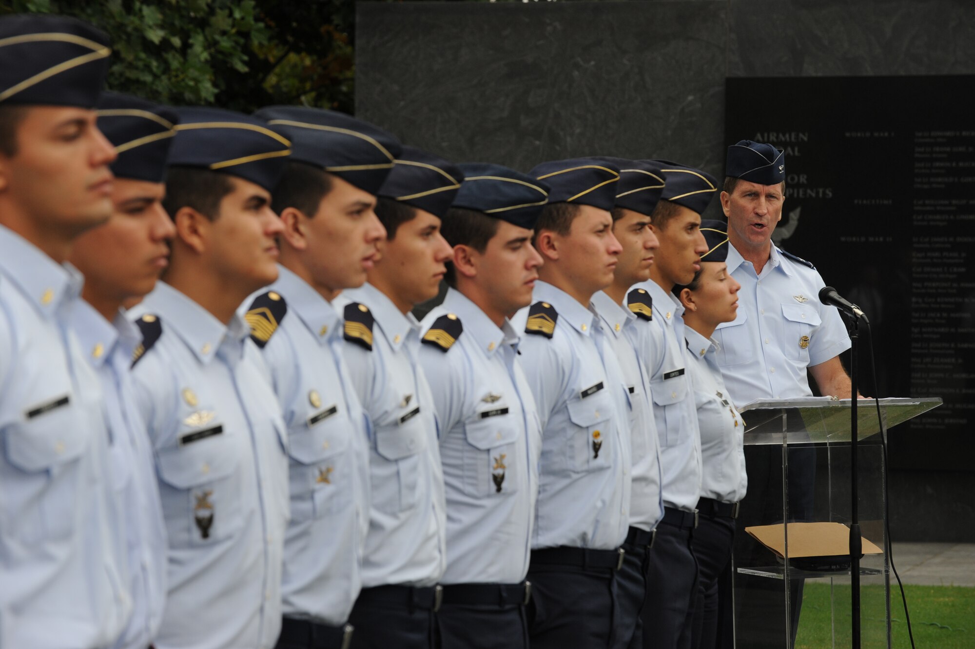 Col. Tim Carey, deputy director, regional affairs, office of the deputy under secretary of the Air Force, international affairs, speaks to the Colombian Air Force cadets during a wreath laying ceremony at the U.S. Air Force Memorial Sept. 26, Arlington, Va. “This ceremony honors the Airmen of the U.S. Air Force who served, and those that died in service to their country” said Carey. (U.S. Air Force photo by Staff Sgt. Christopher Ruano)