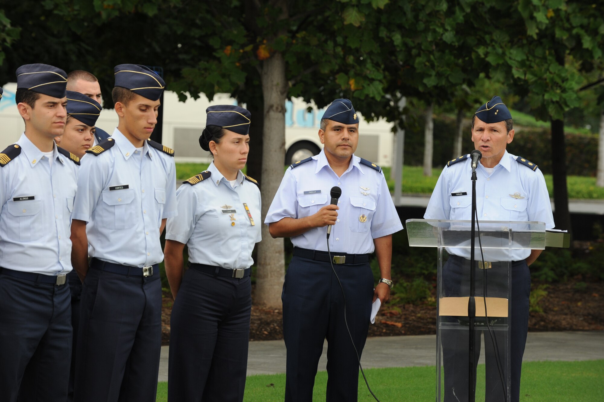 Brig. Gen. Del Aire Raul Torrado Alvarez , Colombian Air Force Academy director, thanks Col. Tim Carey, deputy director, regional affairs, office of the deputy under secretary of the Air Force, international affairs,  for inviting him and his cadets to the wreath laying ceremony at the U.S. Air Force Memorial Sept. 26, Arlington, Va. Established in 1933, the Colombian Air Force Academy is one of the oldest Air Force Academy’s in the western hemisphere. (U.S. Air Force photo by Staff Sgt. Christopher Ruano)